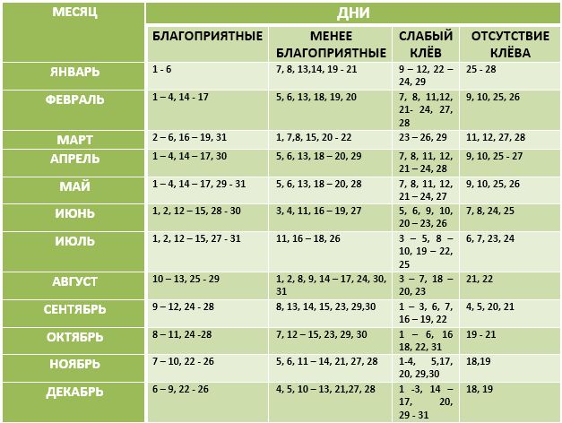 Таблица клева рыбы по сезонам, месяцам, лунному календарю