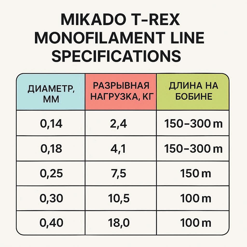 Таблица характеристик монофильной лески Mikado T-ReX: диаметр, разрывная нагрузка, длина