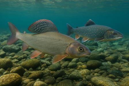 Хариус и байкальская палия в прозрачной воде, каменистое дно, подводная съёмка, реалистично